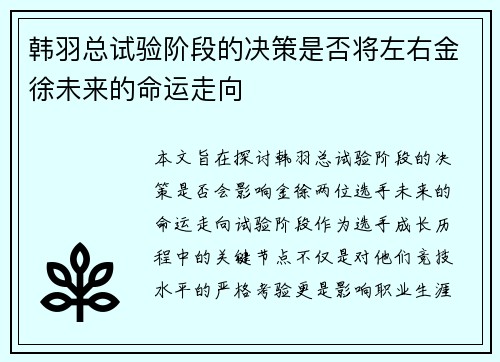 韩羽总试验阶段的决策是否将左右金徐未来的命运走向