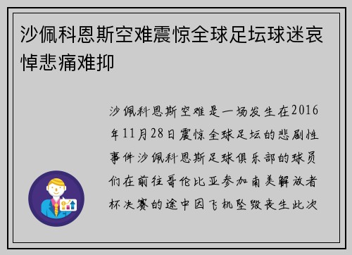 沙佩科恩斯空难震惊全球足坛球迷哀悼悲痛难抑